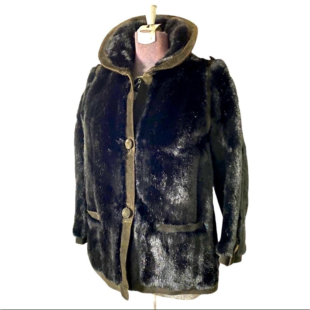 Vintage Faux Fur Coat 60s Lilli‎ Ann Suede Trim Black Whimsigoth Womens Small
